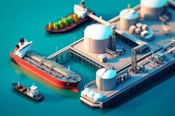 Depict a port's oil terminal with tankers loading and unloading petroleum products. Focus on the specialized operations, Generative AI