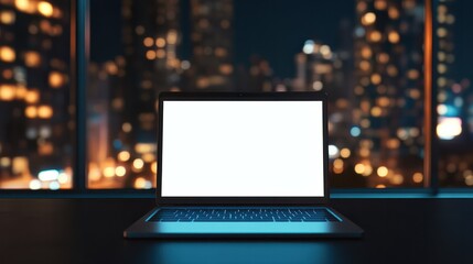 Sticker - modern laptop with blank screen on a table in a smart city office setting with blurred background