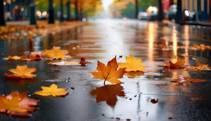 Poster - A serene autumn scene raindrops dance on fall leaves lying on wet pavement