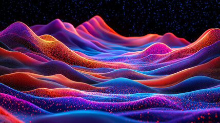 Vibrant abstract waves of neon particles on dark background