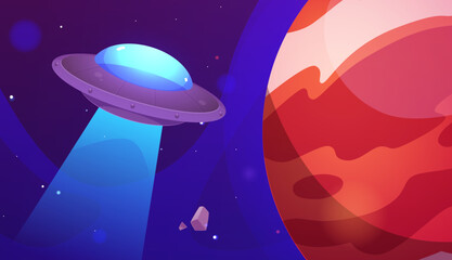 unidentified flying object ufo on space landscape, fantasy alien spaceship in universe, extraterrest
