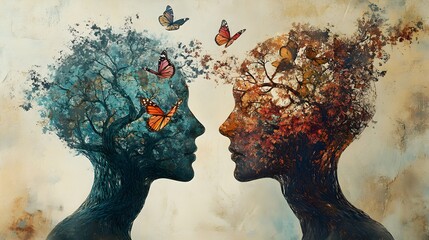 Two human profiles intertwined, their brains forming an intricate tree with branches symbolizing thought. Butterflies emerge, representing the transformation of ideas