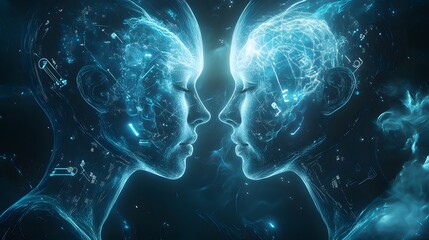 Two human profiles made of holographic gears and circuits, connecting at the forehead, Sci-Fi, Holographic, Blue and silver tones, High-tech neural network, soft glowing lines, abstract shapes