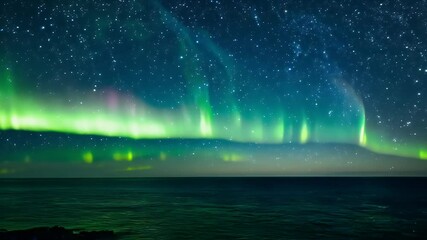enchanting beauty futuristic night scene where infinite ocean meets magical aurora borealis shimmering brilliantly starry sky captured seamless loop 4K UHD footage background star galaxy