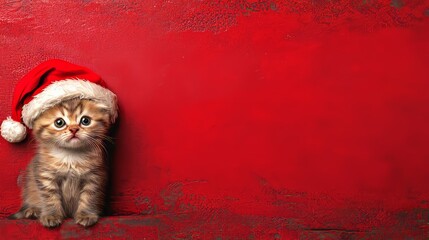 Wall Mural - Cute Kitten in Santa Hat on Red Background