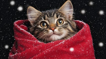 Poster - Cute Kitten Wrapped in Red Blanket with Snow Falling