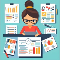 Poster - Businesswoman Working on Laptop with Charts and Graphs