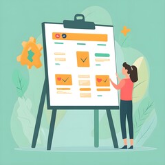 Poster - Woman Presenting Checklist on Flip Chart with Green Background