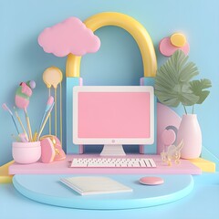 Poster - Pastel Computer Workstation with Geometric Shapes and Plant