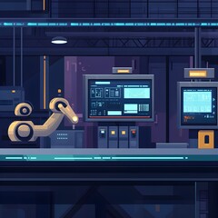 Poster - Futuristic Factory Interior with Robot Arm and Control Panel