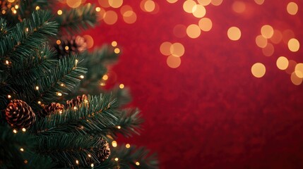Wall Mural - christmas background with xmas tree and sparkle bokeh lights on red canvas background. merry christm