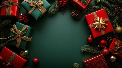 Wall Mural - christmas eve concept. top view photo of gift boxes with ribbon bows green red baubles gold star orn