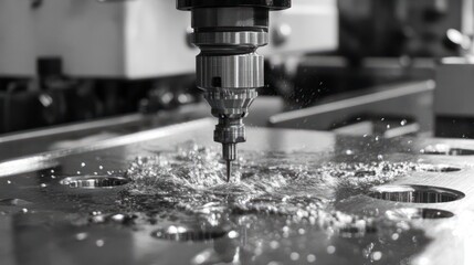 Poster - cnc machining centre drilling steel and using metal working fluid as coolant
