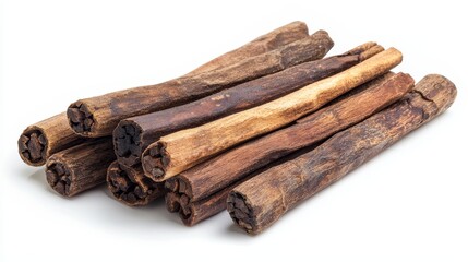 Macro shot of vegetarian cinnamon sticks lying on a white background, perfect for food and spice advertisements, rustic and earthy tones