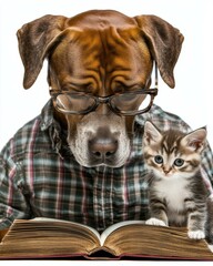 Sticker - A dog and a cat reading a book together. AI.