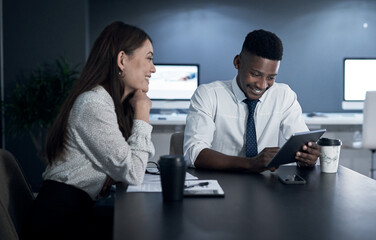 Poster - Night, tablet and teamwork with business people office for planning, collaboration and it web system. Help, technology and project manager with employees for research, partnership or solution
