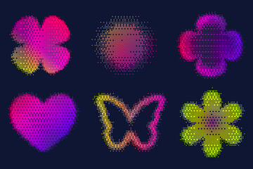 Poster - Pixel pattern shapes. Textured heart flower and star with bitmap Y2k dither gradient. Retro vector butterfly with old computer game graphic effect. Halftone grunge illustration