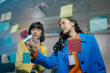 Two asian businesswomen are brainstorming and using colorful sticky notes on a glass wall to visualize their ideas during a productive working day