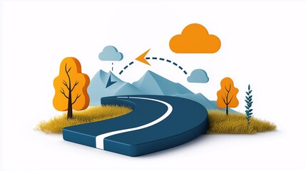 Poster - Curved Road to the Cloud: A 3D illustration of a winding road leading towards stylized clouds, symbolizing a journey of digital transformation or cloud computing.  