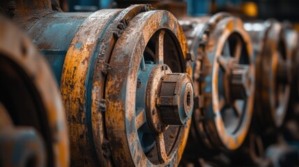 Close-up of industrial machinery wheels with a weathered, rusty appearance.