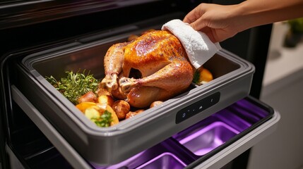 Freshly roasted turkey is being removed from the oven, surrounded by vegetables, marking a festive Thanksgiving dinner preparation