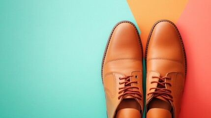 A pair of stylish brown shoes on a colorful geometric background.