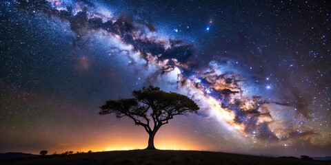Wall Mural - a solitary tree stands sentinel against a backdrop of celestial wonder, the milky way stretching acr