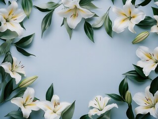 Wall Mural - White Lilies and Green Leaves on Blue Background