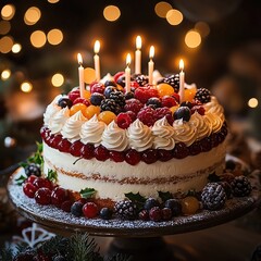 Festive cake with candles and berries