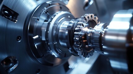 Poster - worker in metal industry operating a modern cnc lathe