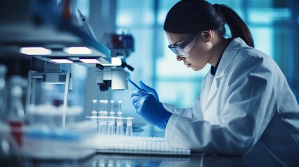 Female scientist working in laboratory. Scientist taking samples.