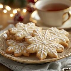 Decorative snowflake cookies with tea