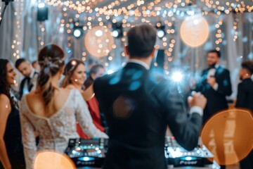 Poster - A DJ mixes music at a party, with the guests dancing in the background. Wedding. AI.