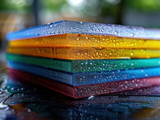 Sticker - Colorful sheets of plastic with water droplets. AI.