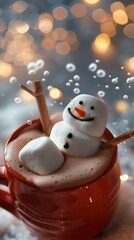 Sticker - A snowman made of marshmallows floats in a mug of hot chocolate. AI.