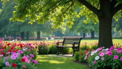Aufkleber - A park with a bench under a tree and flowers in the background