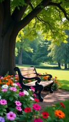 Aufkleber - A park with a bench under a tree and flowers in the background