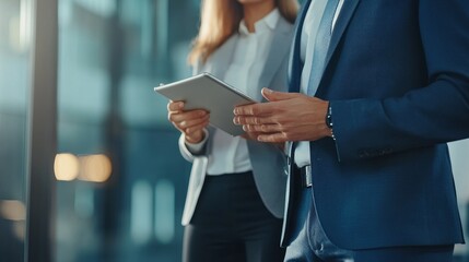 two professionals discuss strategies using a tablet in an office