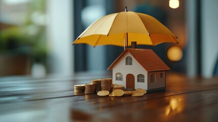 Model of umbrella with house and coins on wooden table concept of the system of insurance savings and the cost of health insurance