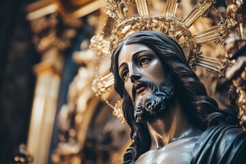 Close view of an ornate statue representing Jesus in a church