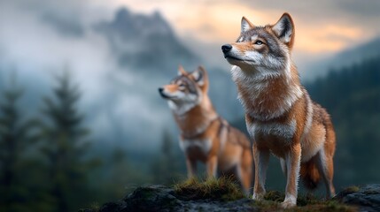  Striking silhouette of two symmetrical wolves standing majestically on a rugged mountain with delicate layered paper cut details adding depth and visual interest to the serene minimalist landscape