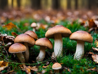 Beautiful closeup of forest mushrooms in grass, autumn season. little fresh mushrooms, growing in Autumn Forest. mushrooms and leafs in forest. Mushroom picking concept. Magical