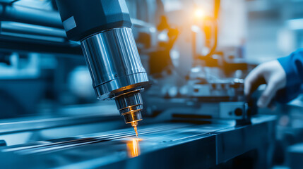 Poster - Close-up of a CNC machine in action, showcasing precision engineering and technology in an industrial setting.