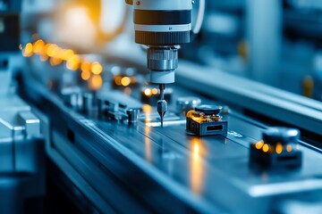 Poster - Close-up of an automated CNC machine in a modern factory setting, focusing on precision engineering and advanced technology processes.