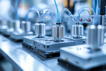 Poster - Close-up of automated robotic machinery in a modern industrial factory, highlighting advanced technology and precision engineering.