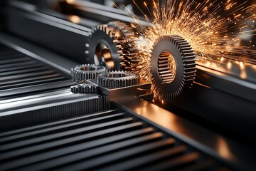 Poster - Close-up of interlocking gears with sparks flying, showcasing the precision and energy of mechanical engineering and industry.