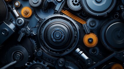 Poster - Close-up of intricate mechanical gears showcasing engineering and technology. Orange accents add contrast to the complex metal machinery.