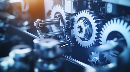 Poster - Close-up of metallic gears in a machine. Industrial engineering, mechanical technology, and precision concept.
