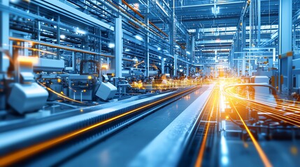 Poster - Dynamic industrial production line inside modern factory, showcasing advanced technology and manufacturing processes with motion blur effect.