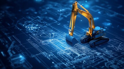 Poster - Futuristic construction concept featuring a digital blueprint with a robotic excavator on a blue technology background. Innovation and progress.